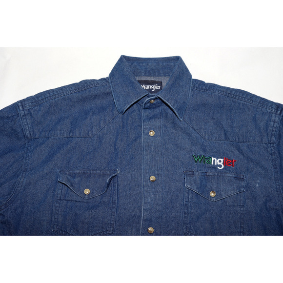 Wrangler Men's Long Sleeve Button Front Western Denim Spellout Shirt Size Medium - Picture 4 of 10